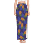 Blue Leaf Pineapple Pattern Print High Slit Maxi Skirt