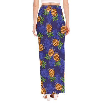 Blue Leaf Pineapple Pattern Print High Slit Maxi Skirt