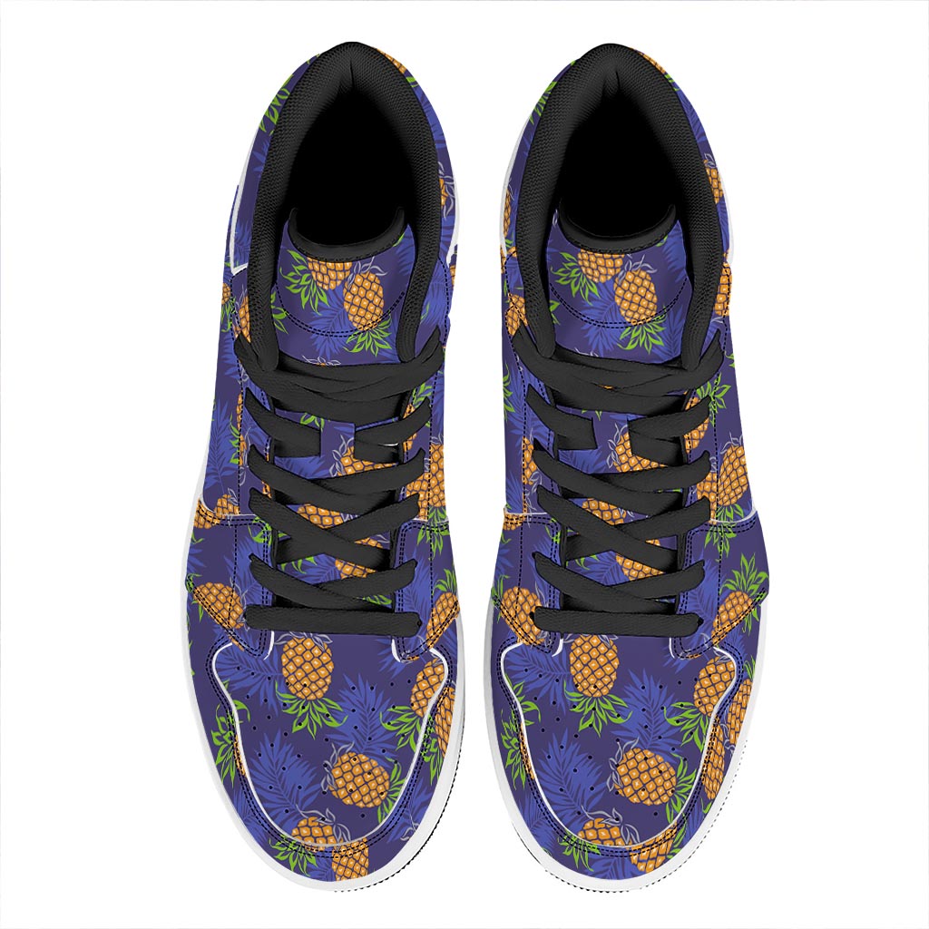Blue Leaf Pineapple Pattern Print High Top Leather Sneakers