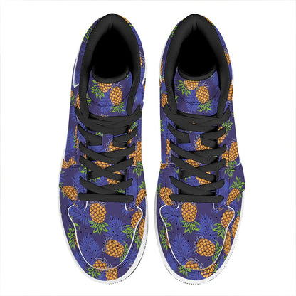 Blue Leaf Pineapple Pattern Print High Top Leather Sneakers