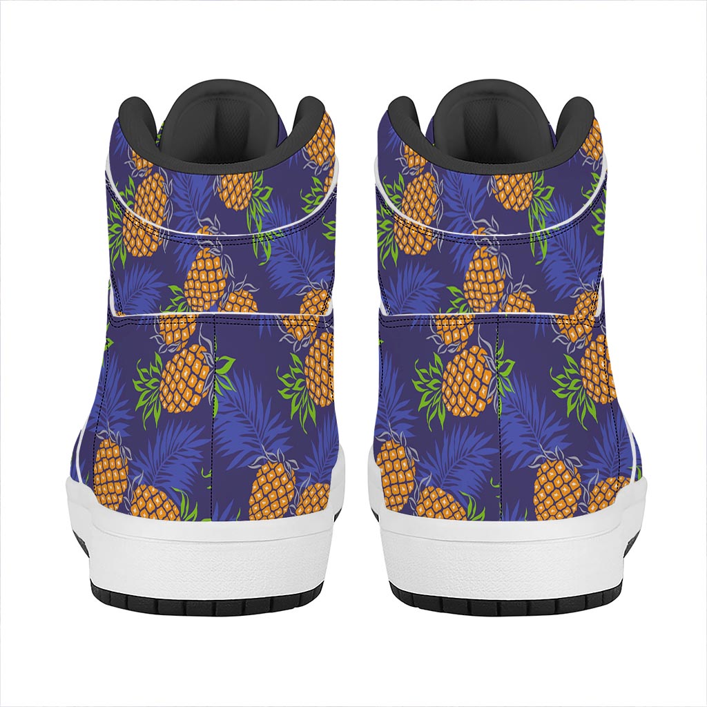 Blue Leaf Pineapple Pattern Print High Top Leather Sneakers