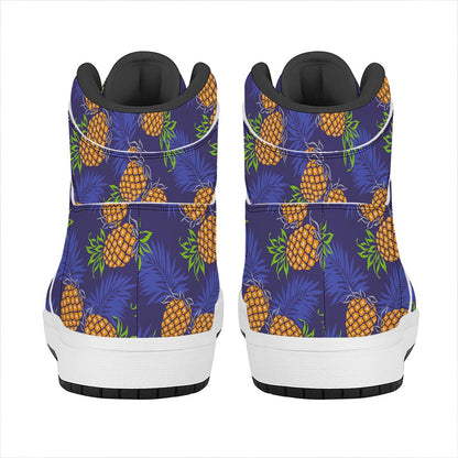 Blue Leaf Pineapple Pattern Print High Top Leather Sneakers