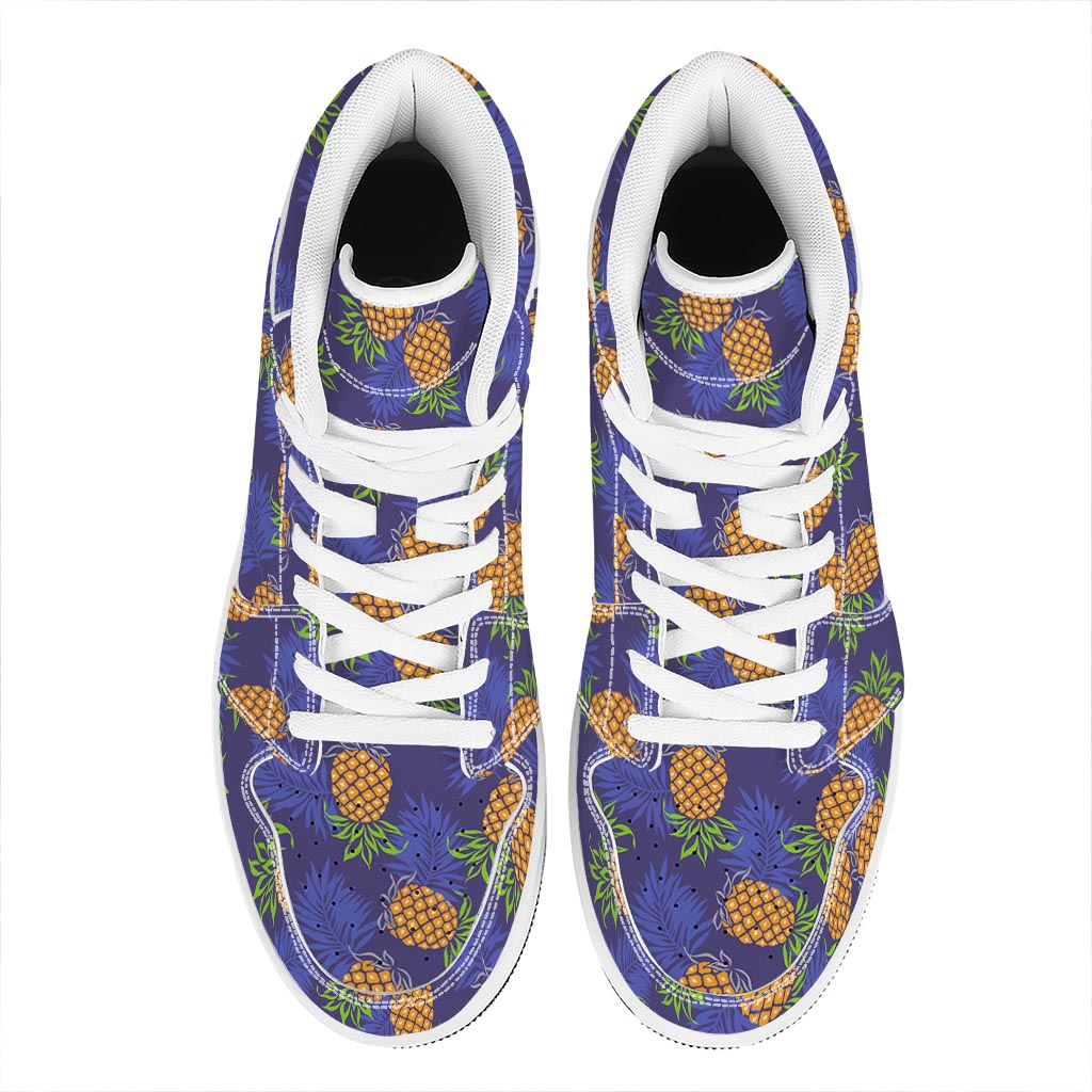 Blue Leaf Pineapple Pattern Print High Top Leather Sneakers