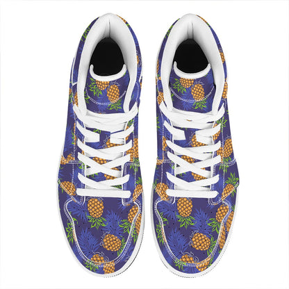 Blue Leaf Pineapple Pattern Print High Top Leather Sneakers