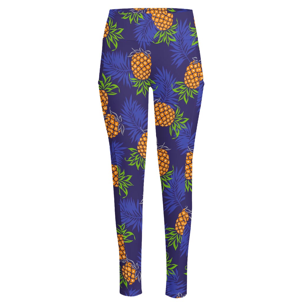 Blue Leaf Pineapple Pattern Print High-Waisted Pocket Leggings