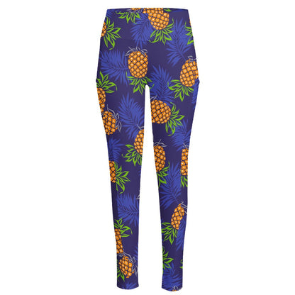 Blue Leaf Pineapple Pattern Print High-Waisted Pocket Leggings