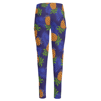 Blue Leaf Pineapple Pattern Print High-Waisted Pocket Leggings