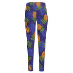 Blue Leaf Pineapple Pattern Print High-Waisted Pocket Leggings