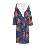 Blue Leaf Pineapple Pattern Print Hooded Bathrobe
