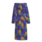 Blue Leaf Pineapple Pattern Print Hooded Bathrobe