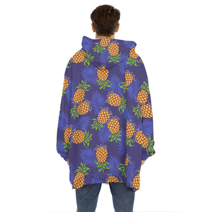 Blue Leaf Pineapple Pattern Print Hoodie Blanket