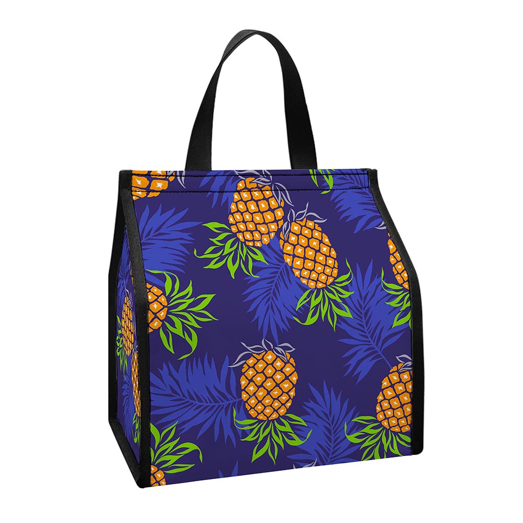 Blue Leaf Pineapple Pattern Print Insulated Lunch Tote