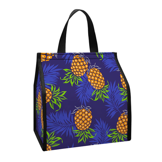 Blue Leaf Pineapple Pattern Print Insulated Lunch Tote