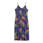 Blue Leaf Pineapple Pattern Print Jersey Midi Cami Dress