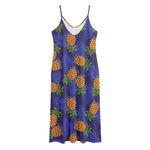 Blue Leaf Pineapple Pattern Print Jersey Midi Cami Dress
