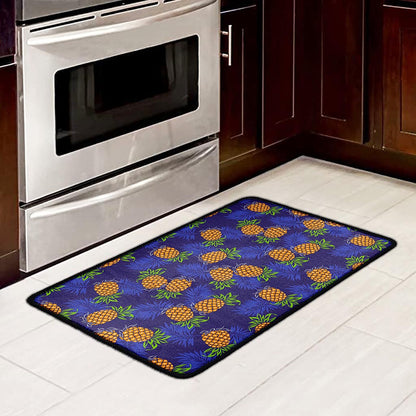 Blue Leaf Pineapple Pattern Print Kitchen Mat
