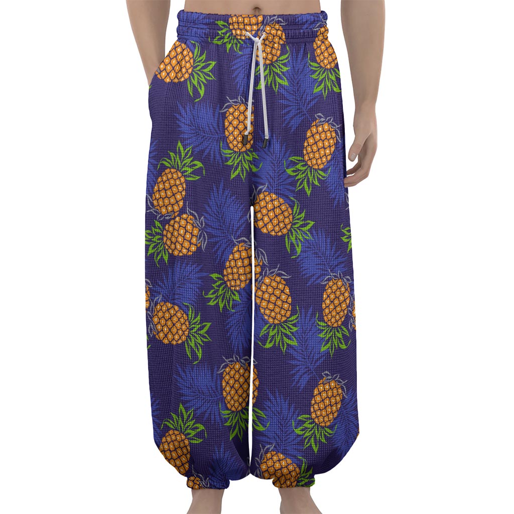 Blue Leaf Pineapple Pattern Print Lantern Pants