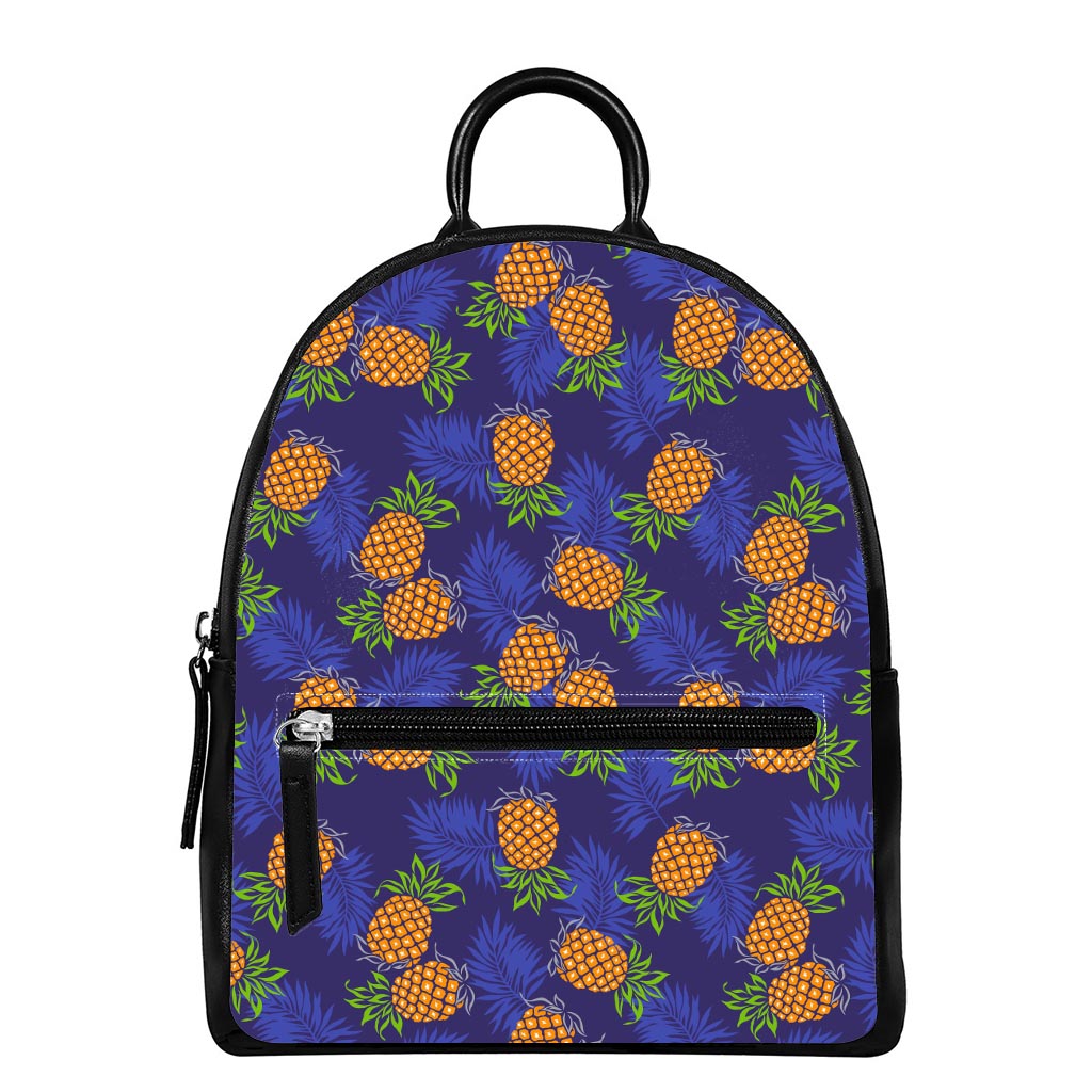 Blue Leaf Pineapple Pattern Print Leather Backpack