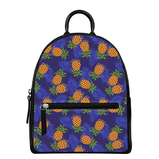 Blue Leaf Pineapple Pattern Print Leather Backpack