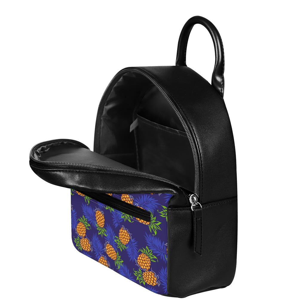 Blue Leaf Pineapple Pattern Print Leather Backpack