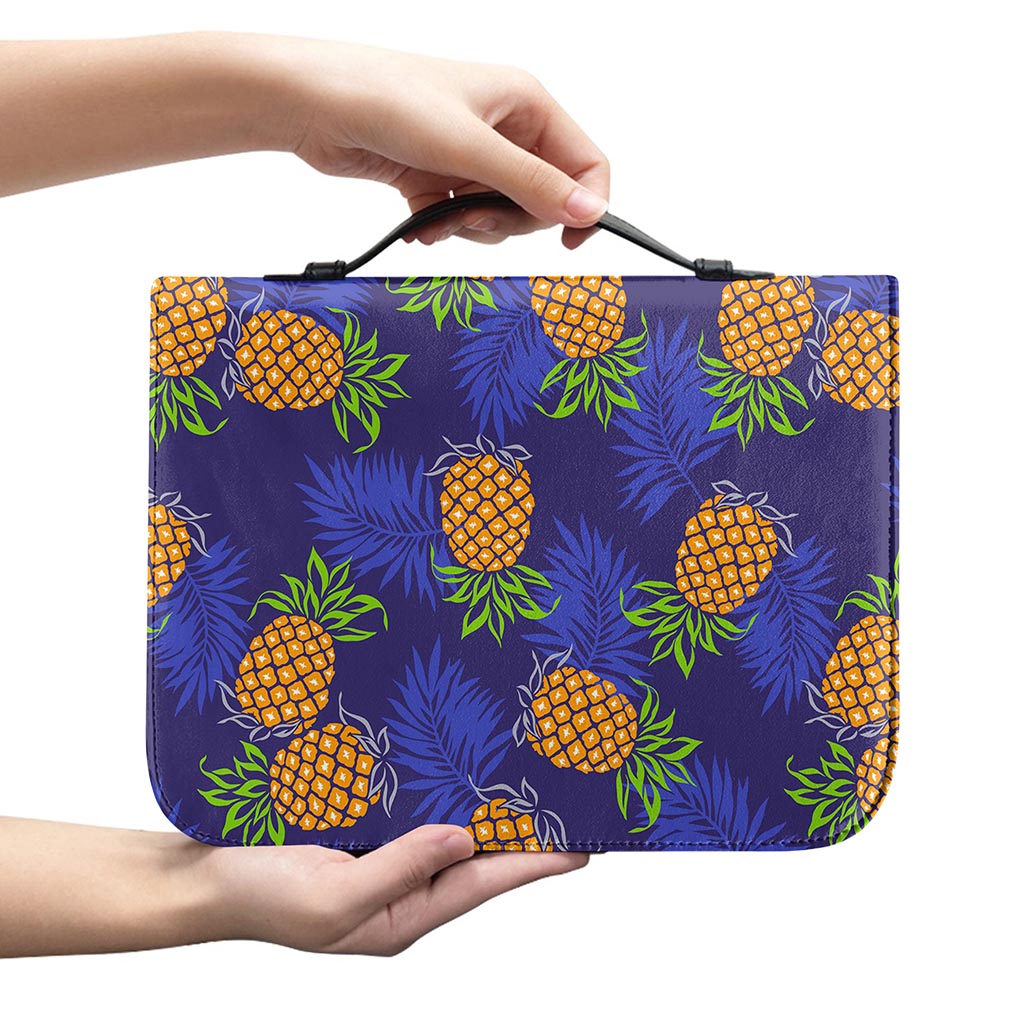 Blue Leaf Pineapple Pattern Print Leather Bible Cover