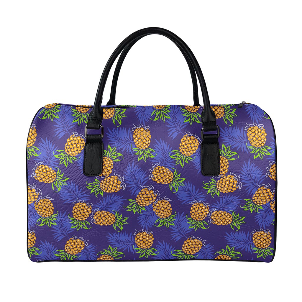 Blue Leaf Pineapple Pattern Print Leather Duffle Bag