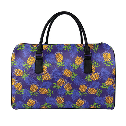 Blue Leaf Pineapple Pattern Print Leather Duffle Bag