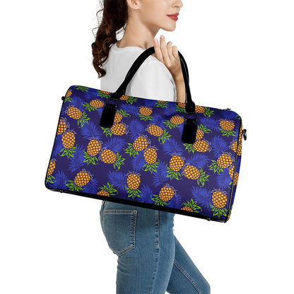 Blue Leaf Pineapple Pattern Print Leather Duffle Bag