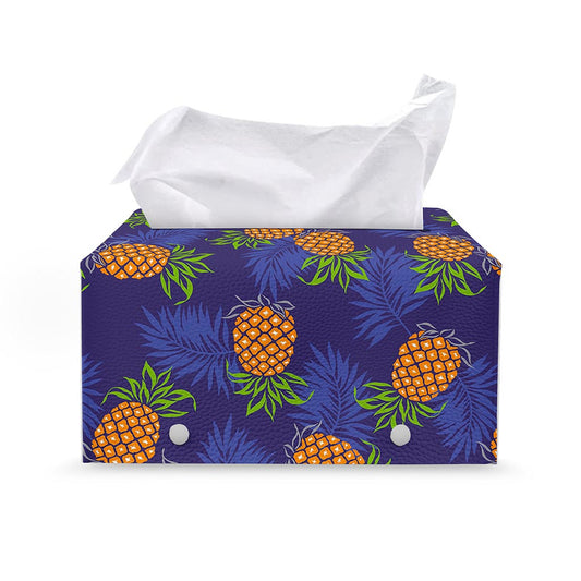 Blue Leaf Pineapple Pattern Print Leather Tissue Box Cover