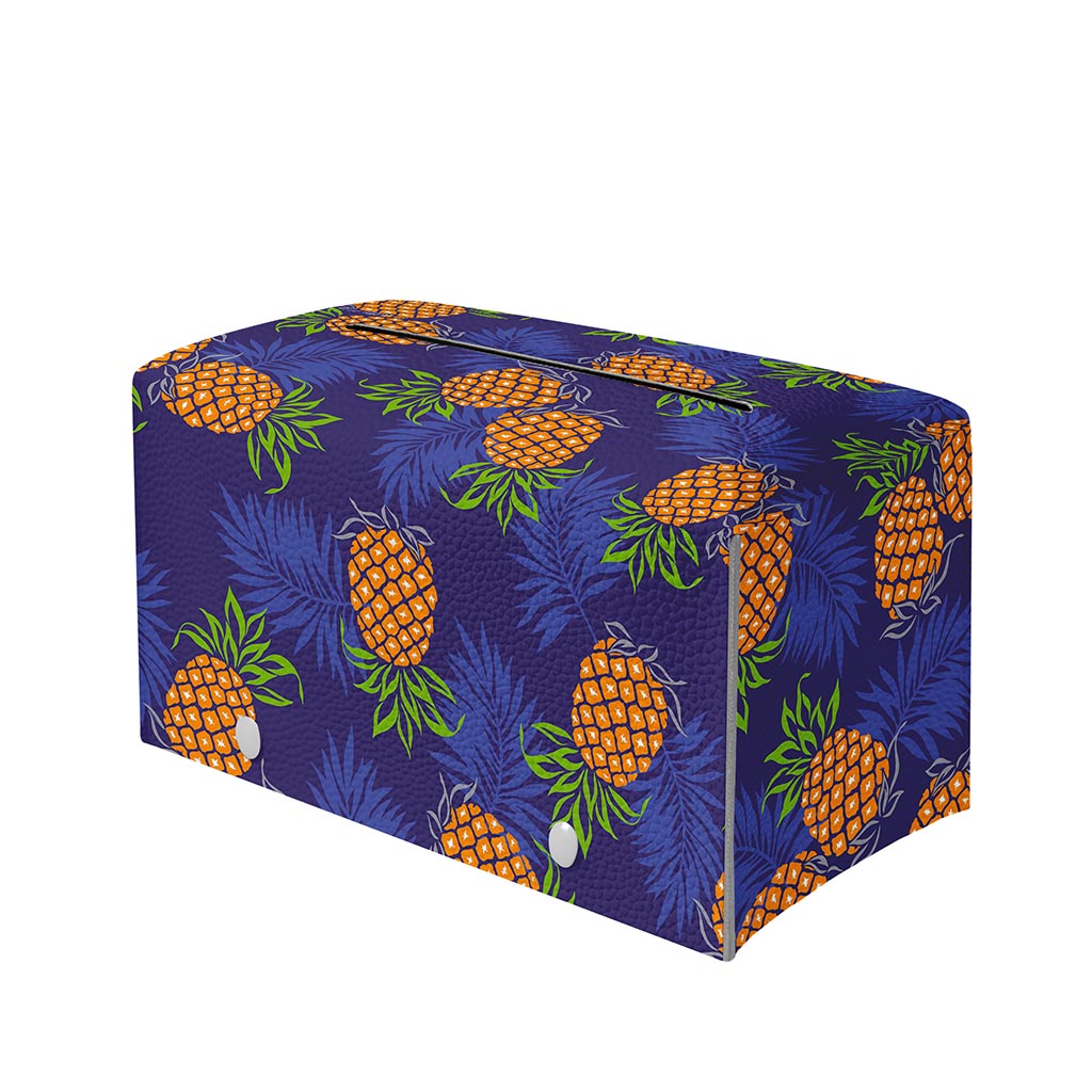 Blue Leaf Pineapple Pattern Print Leather Tissue Box Cover