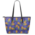 Blue Leaf Pineapple Pattern Print Leather Tote Bag With Zipper