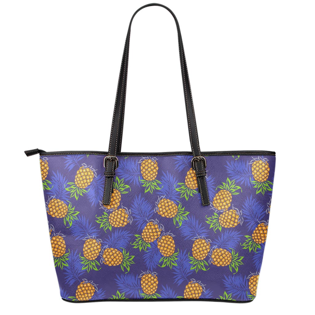 Blue Leaf Pineapple Pattern Print Leather Tote Bag