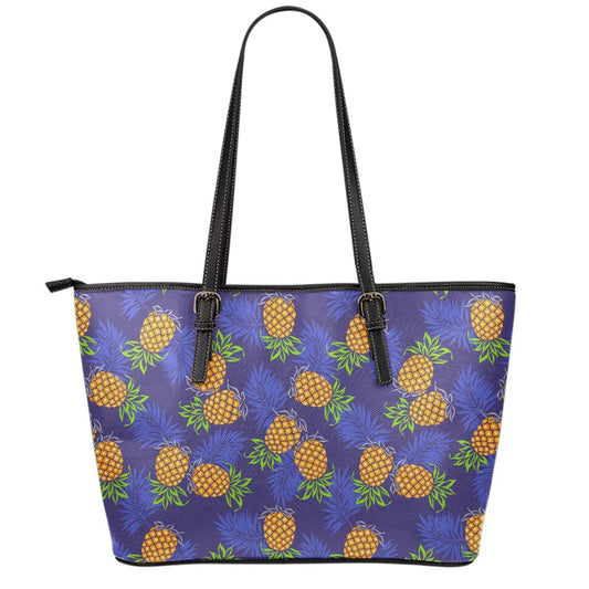 Blue Leaf Pineapple Pattern Print Leather Tote Bag