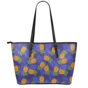 Blue Leaf Pineapple Pattern Print Leather Tote Bag