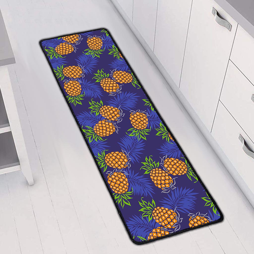 Blue Leaf Pineapple Pattern Print Long Kitchen Mat
