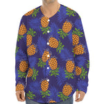 Blue Leaf Pineapple Pattern Print Long Sleeve Baseball Jersey