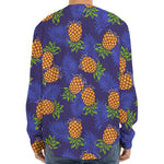 Blue Leaf Pineapple Pattern Print Long Sleeve Baseball Jersey