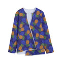 Blue Leaf Pineapple Pattern Print Long Sleeve Short Coat