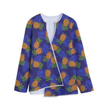 Blue Leaf Pineapple Pattern Print Long Sleeve Short Coat