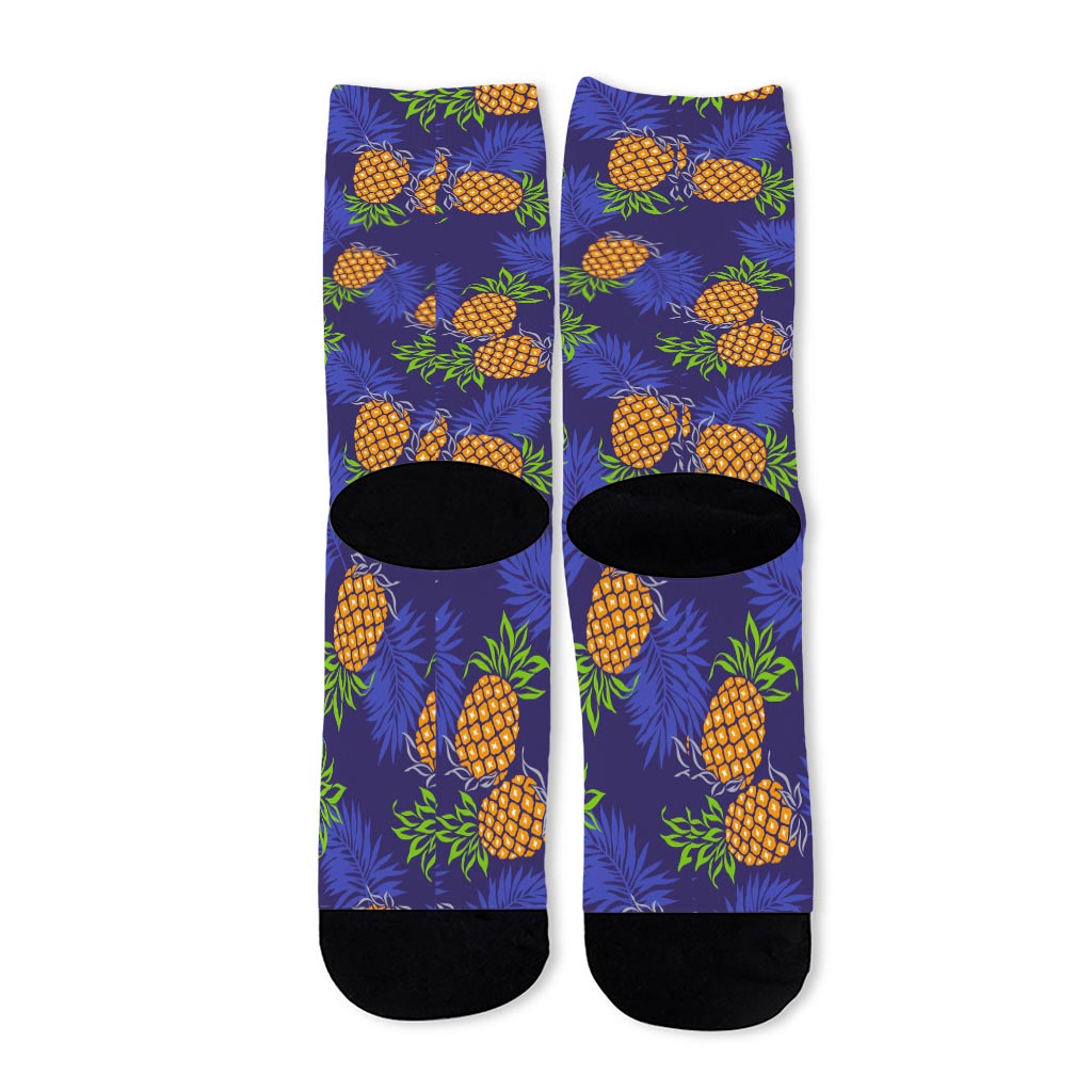 Blue Leaf Pineapple Pattern Print Long Socks