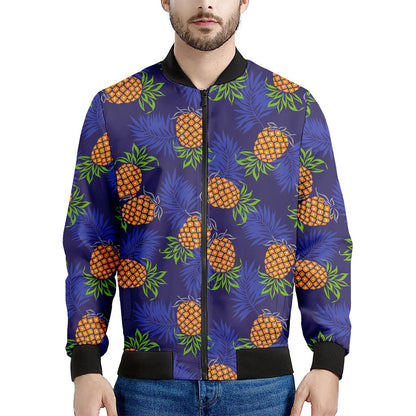 Blue Leaf Pineapple Pattern Print Men's Bomber Jacket