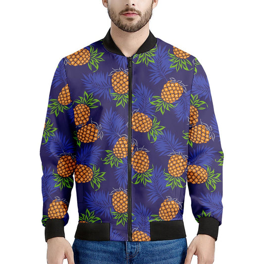 Blue Leaf Pineapple Pattern Print Men's Bomber Jacket