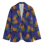 Blue Leaf Pineapple Pattern Print Men's Cotton Blazer