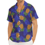Blue Leaf Pineapple Pattern Print Men's Deep V-Neck Shirt