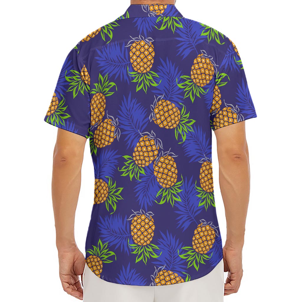 Blue Leaf Pineapple Pattern Print Men's Deep V-Neck Shirt