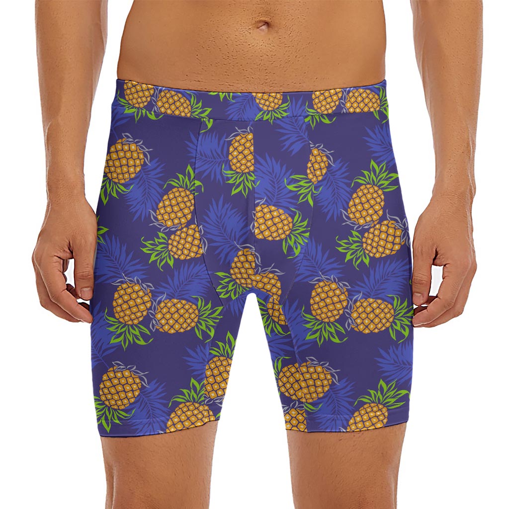 Blue Leaf Pineapple Pattern Print Men's Long Boxer Briefs