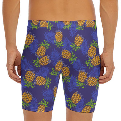 Blue Leaf Pineapple Pattern Print Men's Long Boxer Briefs