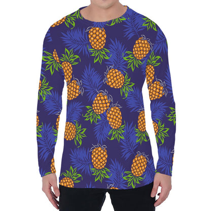 Blue Leaf Pineapple Pattern Print Men's Long Sleeve T-Shirt