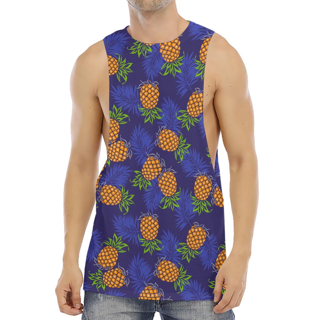 Blue Leaf Pineapple Pattern Print Men's Muscle Tank Top