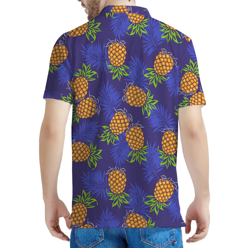 Blue Leaf Pineapple Pattern Print Men's Polo Shirt